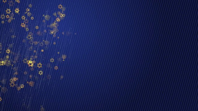 Jewish Star of David and Menorah on blue background. Animation of golden symbols of Judaism. Looped video on Israeli theme.
