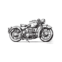 Retro motorcycle, black and white detailed vector illustration isolated without backdrop, flat style. Icon of a stylish vintage motorbike with details for decoration and design without a background 