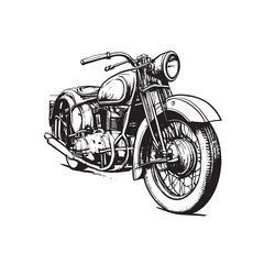 Retro motorcycle, black and white detailed vector illustration isolated without backdrop, flat style. Icon of a stylish vintage motorbike with details for decoration and design without a background 