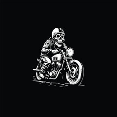 Skeleton racer riding brat style motorcycle in vintage monochrome style isolated vector illustration
