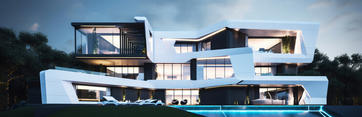 A ultra modern futuristic luxury home. A modern multi-story house, with white smooth structural walls and black glass frames. California style.  Architecture design. Generative AI. 