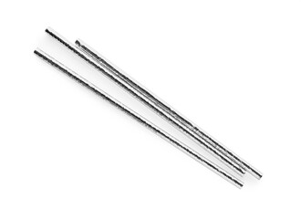 Silver plastic cocktail straws on white background, top view