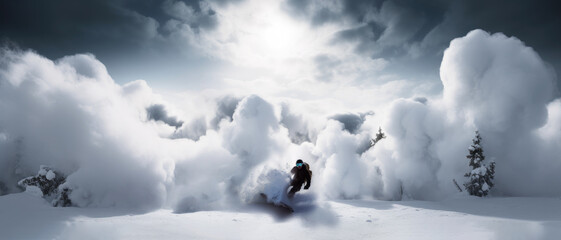 Leading the avalanche. A fearless snowboarder running from an avalanche right behind him. Generative AI based.