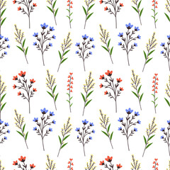 Seamless floral pattern. Spring or summer delicate flowers, repeating print.Botanical background, texture design for textile, fabric, wrapping. Vector illustration in flat style