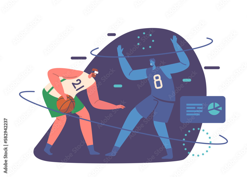 Poster character in virtual reality playing basketball, immersed in digital environment that simulates the 