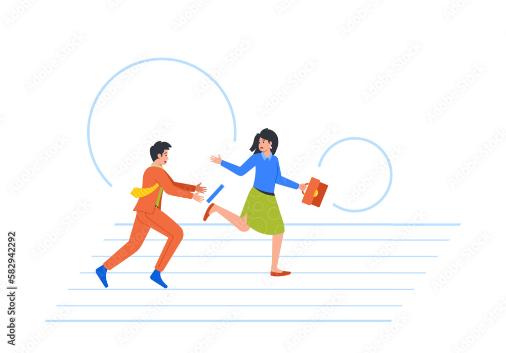 Poster business characters running in relay race passing baton to one another to reach finish line. teamwor