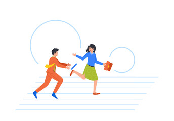 Business Characters Running In Relay Race Passing Baton To One Another To Reach Finish Line. Teamwork Cooperation
