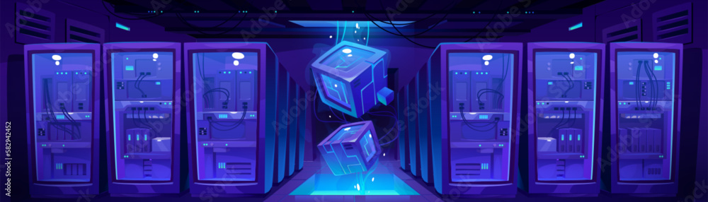 Poster data center, server room or database cloud storage blue vector background. technology network in dat