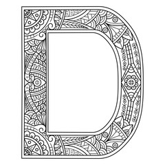 Hand drawn of aphabet letter D in zentangle style