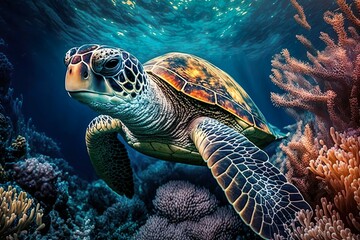 Fototapeta premium Meeresschildkröten schwimmen in der Unterwasserwelt, wunderschöne Unterwasser- und farbenfrohe Korallen in der wilden Natur des Pazifischen Ozeans , Generate Ai