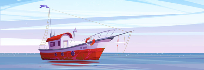 Fish trawler boat in sea vector marine background. Commercial fishery ship with lifebuoy in ocean water cartoon vector illustration. Adventure game for catching fish, early morning with pastel sky - obrazy, fototapety, plakaty