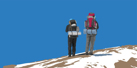 Two hikers with a big backpack on his back, vector illustration