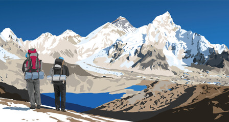 mount Everest and Nuptse from Nepal side as seen from Kala Patthar peak and two tourists with big backpacks, vector illustration, Nepal Himalaya mountain - obrazy, fototapety, plakaty