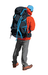 hiker in a red jacket with a big backpack on his back wearing a pair of boots and a blue cap, vector illustration