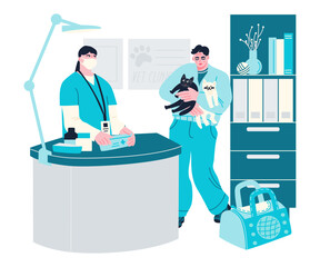 Person carrying the cats for check up to the veterinary clinic. Owner of the kittens talking the veterinarian. Vector flat illustration