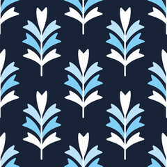 Symmetric seamless motif on a dark background. Vector flat illustration with retro leaves. Vintage floral pattern for design of fabric, paper, and other surfaces