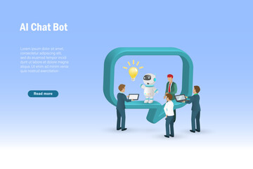 Obraz na płótnie Canvas Businessmen chatting with AI chat bot and get smart business solution idea. Artificial Intelligence robot assist users in decision making and problem solving. 3D vector.