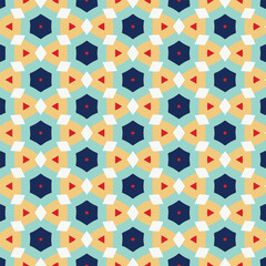 seamless pattern of pentagons, hexagons and triangles in yellow, green blue red for wallpapers, backgrounds and Indonesian batik cloth motifs