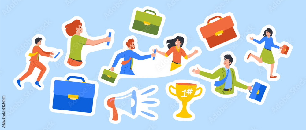 Poster set of stickers business characters participate in relay race passing baton from one to another in r