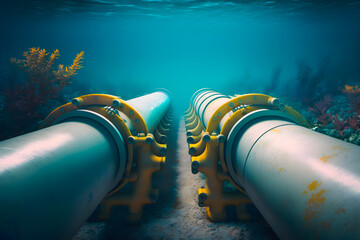 Gas pipeline under water, metal composite plastic material pipes at the bottom of the sea. The concept of oil gas pipeline, gas transportation. Generative AI - obrazy, fototapety, plakaty