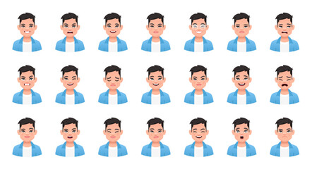 Set of various emotions of a cute white child in a blue shirt and white t-shirt. Smile, happiness, anger, joy, surprise, fear, etc. Facial expression of a handsome little boy.