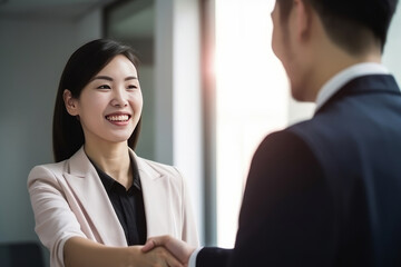 A woman shaking hands with a man in a suit. Generative AI