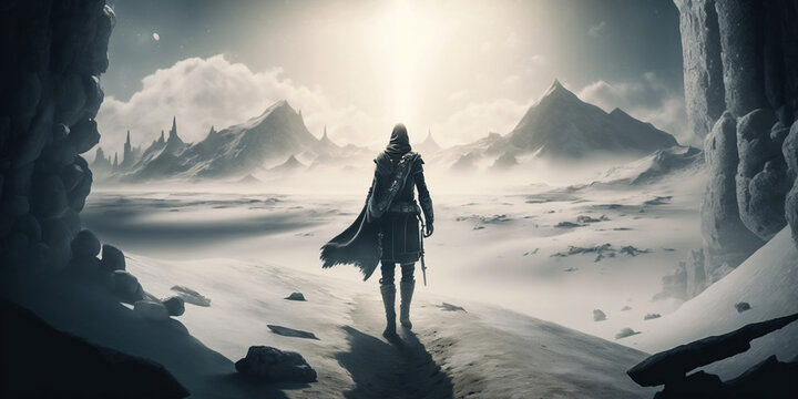 Hero on adventure in the snowy mountains, Created with generative AI