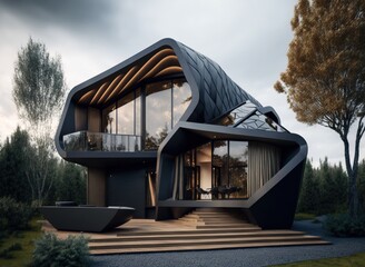 contemporary glass house with a uniquely shaped roof  made with generative ai