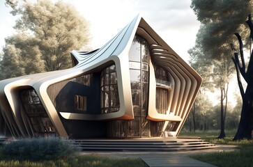 house with a uniquely shaped roof and deck made with generative ai