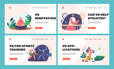 VR Sport Landing Page Template Set, Characters Fully Immersed In Virtual Reality Sports. Future Of Gaming And Fitness