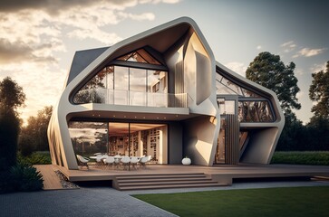 contemporary house with a uniquely shaped roof and large deck made with generative ai