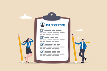 Job description, qualification and requirement for job position, working scope document, duty and responsibility for employment concept, business people employer writing job description document. - obrazy, fototapety, plakaty