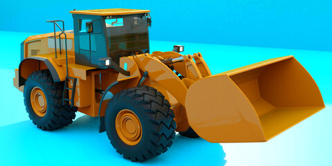 Fototapeta na wymiar 3D Render image of bulldozer, yellow colored isolated on blue background 3D Render Bulldozer 