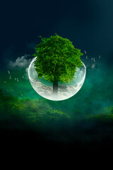 Green plant in broken light bulb. Care of the Environment. Earth Day Concept