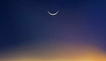 Obraz na płótnie Canvas Night Sky with Crescent moon and Star on Dark blue,Orange Yellow Sky background,Vector Islamic,Muslims religion month of Generous Ramadan,New Moon,Prayer time.Eid Mubarak,Eid al Adha,Eid al Fitr 