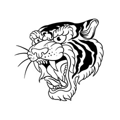 Hand drawn illustration of a roaring tiger outline design
