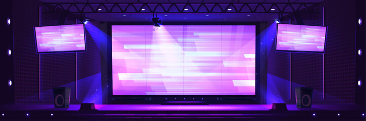 Tv show stage background with led screen panel. Concert studio with led monitor display on wall and spotlight on scene. Video or music entertainment game contest stand with glowing lamp.