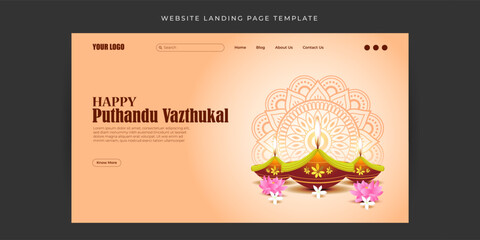 Vector illustration of Happy Puthandu Tamil New Year Website landing page banner mockup Template