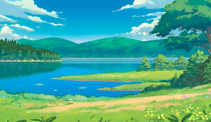 Obraz na płótnie Canvas Anime nature beautiful summer scenery background