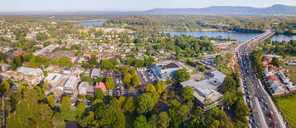 Wall mural panoramic aerial drone view of nowra showing nowra bridge along the princes highway in the city of s