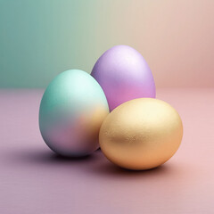 three metallic eggs on a pastel background generative ai