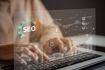 Website admins using SEO tools to get their websites ranked in top search rankings in search engine. Website improvement concept to make search results higher. - obrazy, fototapety, plakaty