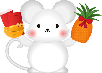 Cute cartoon rat with Chinese style hat holding gold ingot red envelope and pineapple