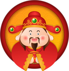 Cute cartoon Chinese god of wealth with traditional round window frame