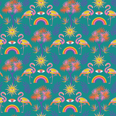 Fototapeta na wymiar Trendy summer background features a retro, trippy, psychedelic tropical seamless pattern that repeats throughout. Pattern includes rainbows, flamingos, palm leaves, and a sun in vibrant lively colors.