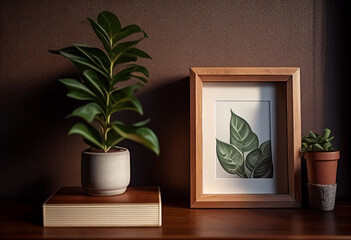 Plant in the frame on the table. Generative AI.