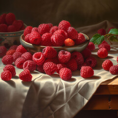 Raspberries in a bowl on the table. Ripe raspberries spill out of the bowl onto the table. Generative AI.