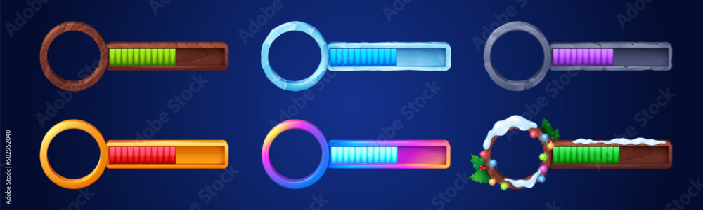Poster vector game life progress bar. cartoon ui avatar frame with health and score graph on dark backgroun