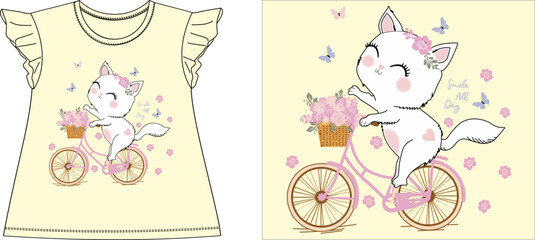 CAT ON CYCLE EITH FLOWERS AND BUTTERFLIES t-shirt graphic design vector illustration
