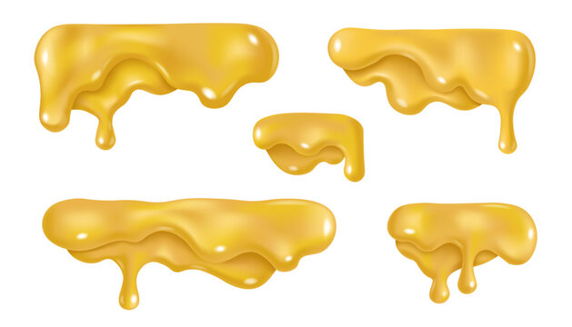 Dripping melted cheese drops or mustard sauce design. Vector 3d liquid paint stain illustration. Realistic horizontal border elements isolated.